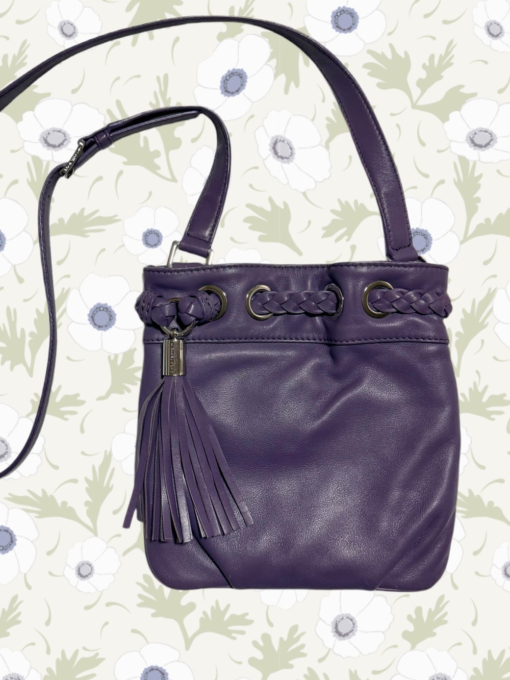 Michael Kors 💜 Crossbody Purse Purple Leather Braided Tassel Silver Grommets Y2K